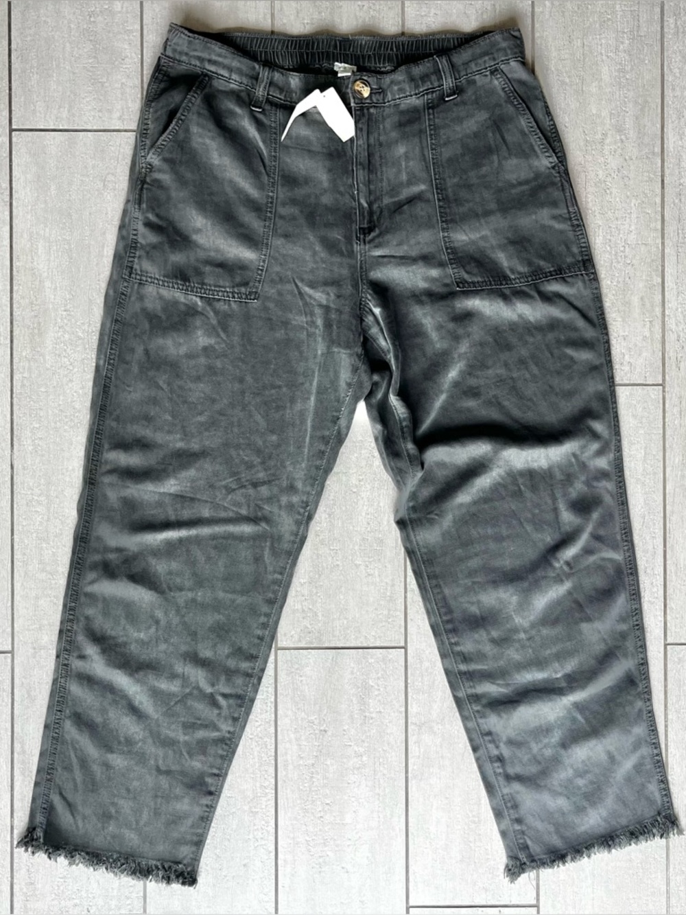 NWT Aerie Chambray Pants High Rise Paperbag Tapered Leg Fringe Linen Boho Large